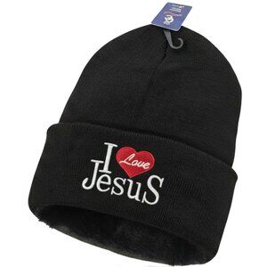 I Love Jesus Winter Hat Embroidered Skull Beanie Cap – Warm Lined, Black, NWT